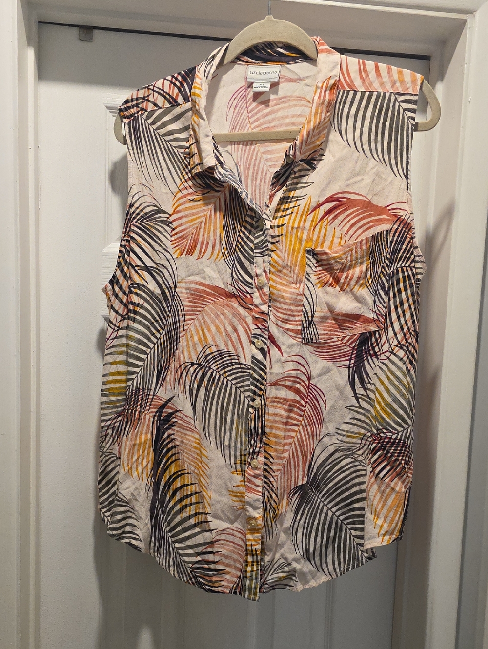 Liz Claiborne Sleeveless Button-Front Top — Multi (yellow, rust, black)